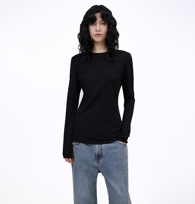 Round neck deconstructed long sleeve T-shirt for women Slim fit and versatile top-6