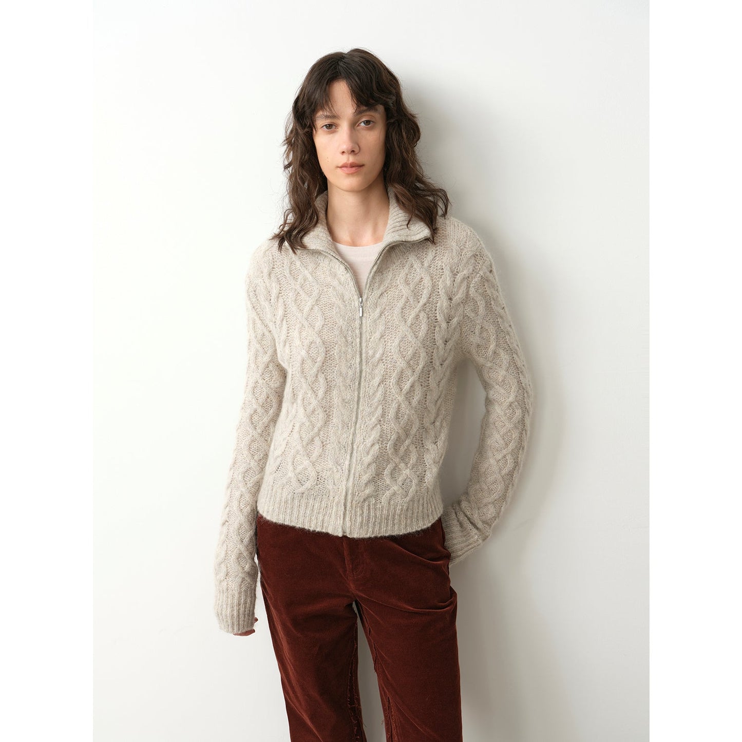 "Romantic Cable" vintage warm flower basic mohair wool cable blend zipper knitted cardigan-6