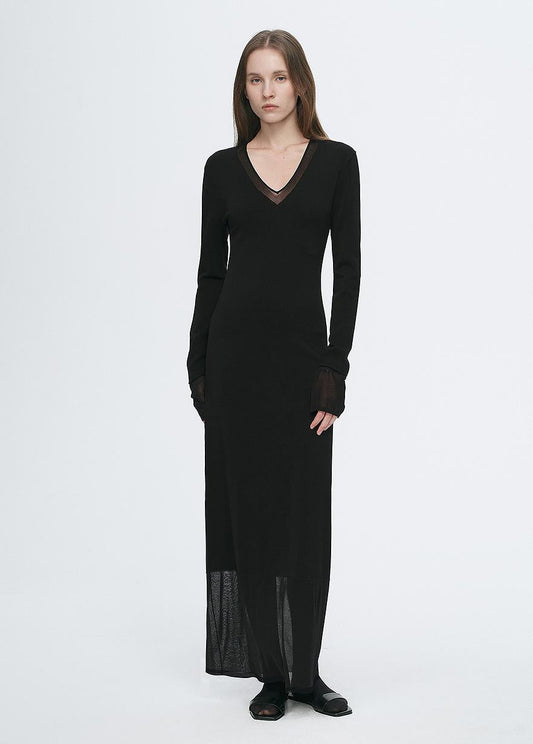 Elegant and intellectual triacetate Tencel blended skin-friendly transparent splicing design V-neck dress-0