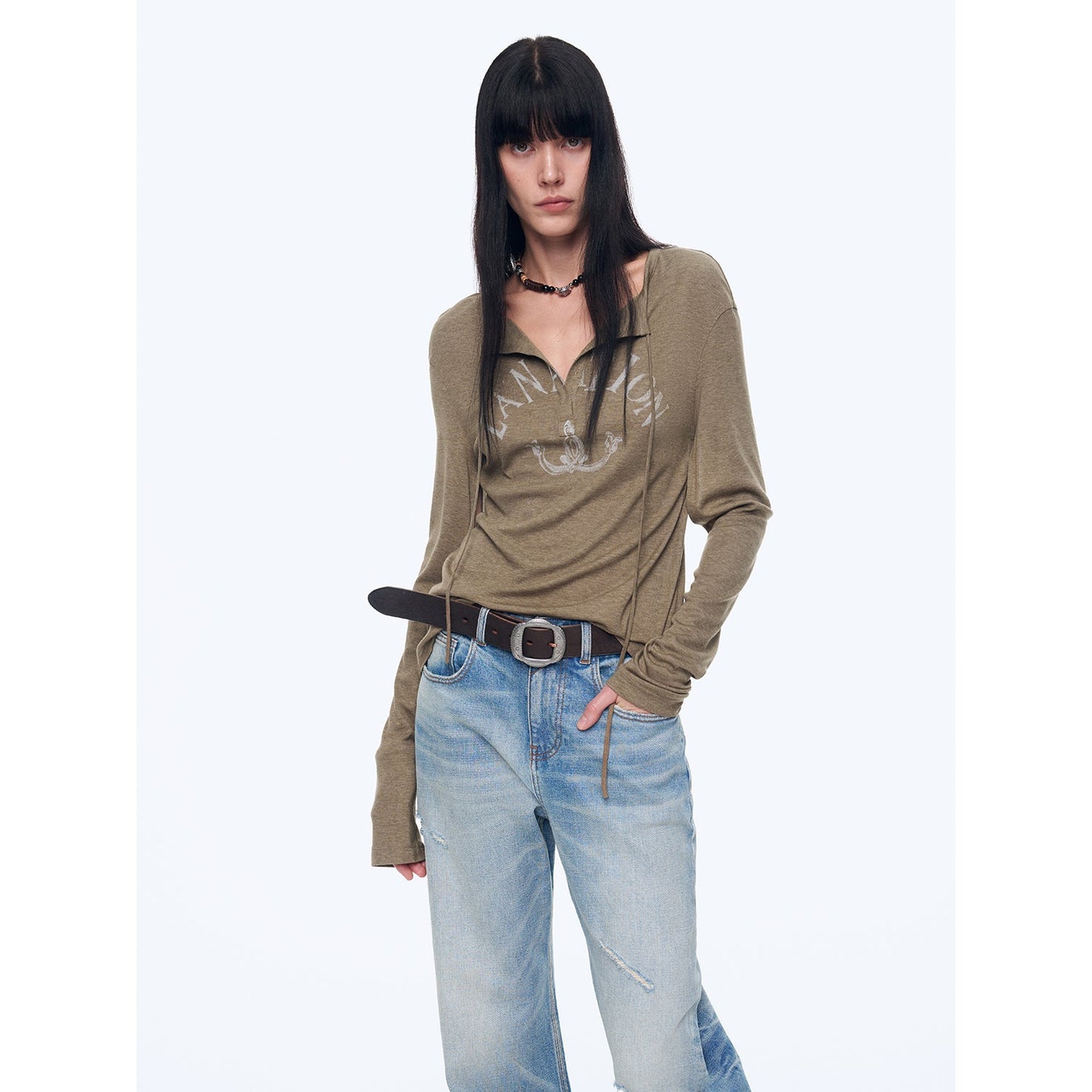 "Minimal Message" ethnic print modal knit henley collar tie long sleeve T-shirt top-6