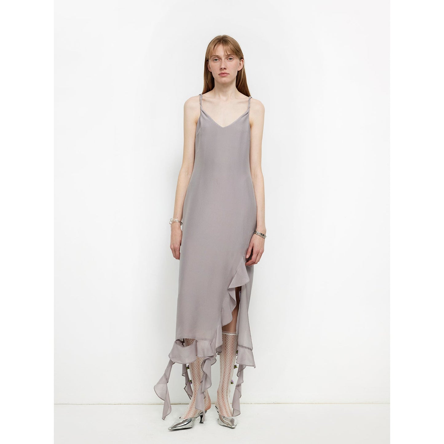 Acetate Mulberry Silk V-Neck Ruffled Draped Twist Strap Summer Dress "Rosy Ombre"-5