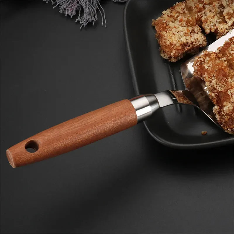 Stainless Steel Square Head Steak Cooking Spatula Pizza Shovel Pancake Beef Turner Scraper Wood Handle BBQ Utensils for Kitchen