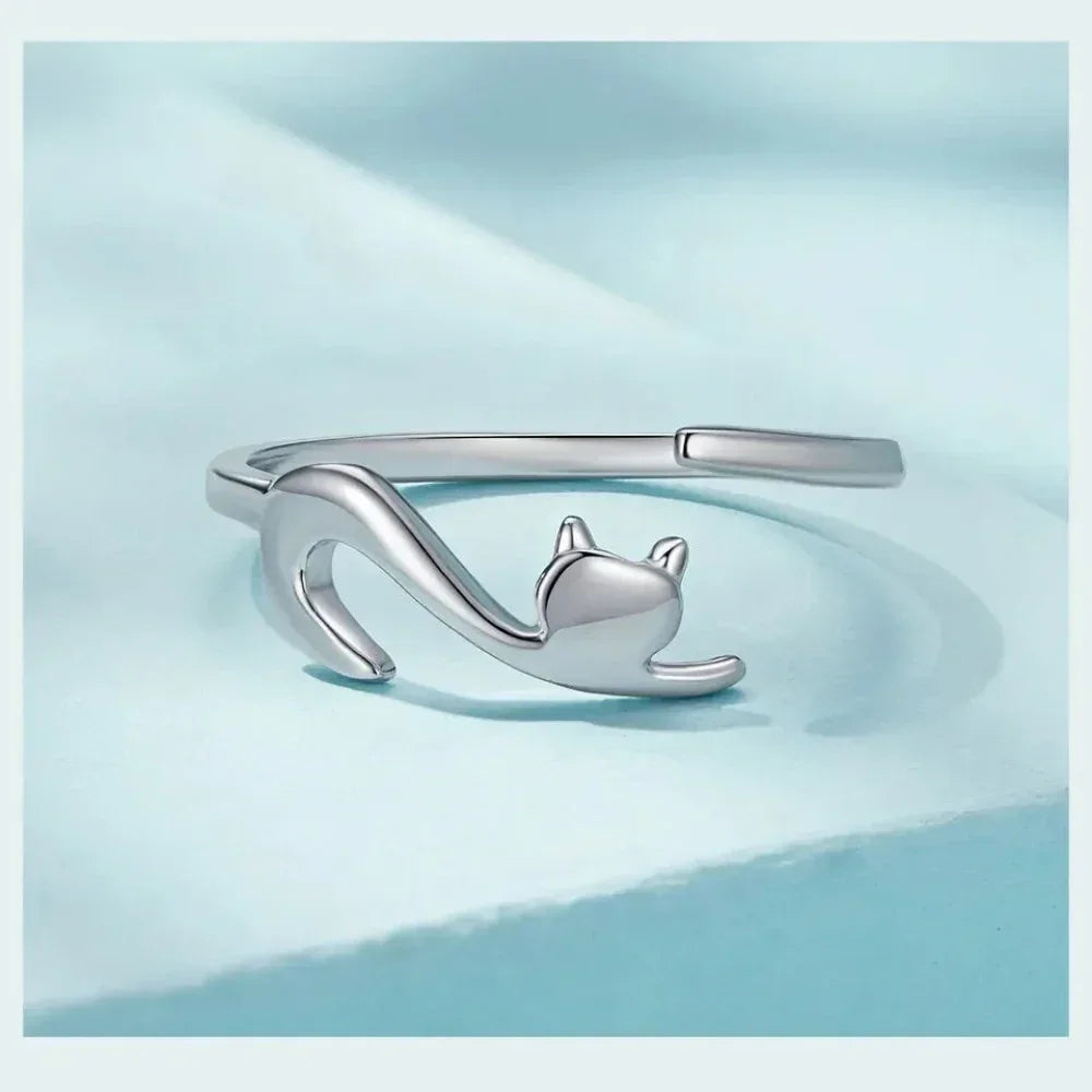 Playful Feline: Adjustable Sterling Silver Cat Ring With Long Tail