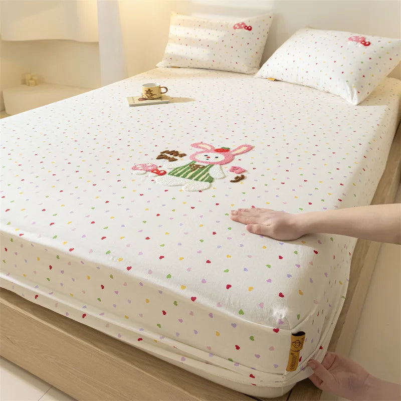 100% Cotton Cartoon Towel Embroidered Fitted Sheet A-Class Single Bed Cover for All Seasons Anti-Slip Mattress Protective Cover