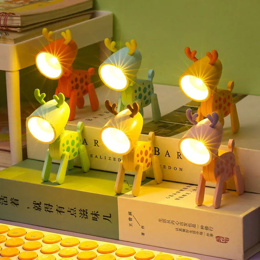Mini LED Night Light Cute Cartoon Desk Lamp Puppy Deer Desktop Ornament Bedroom Table Lights Children Holiday Gifts