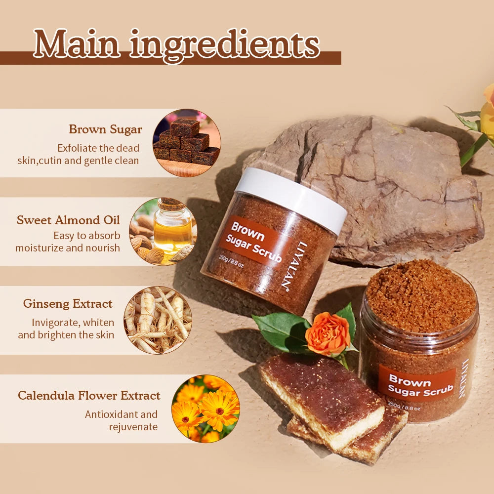 LIYALAN Brown Sugar Body Scrub Smooth Skin Exfoliating Deep Cleaning Softens Cuticles Moisturizing Whitening SPA Organic Sugar