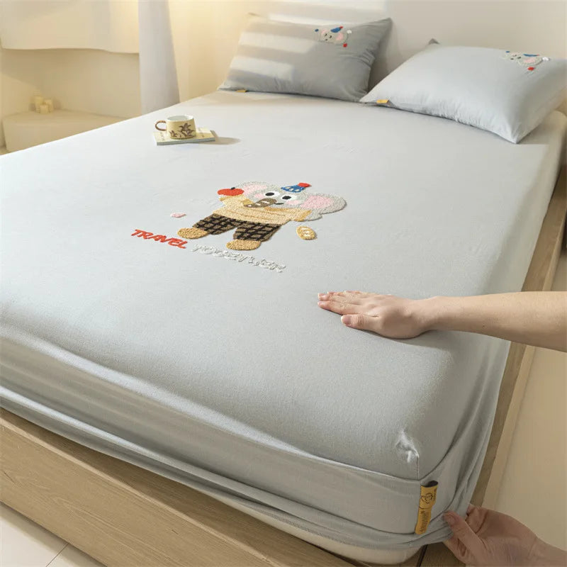 100% Cotton Cartoon Towel Embroidered Fitted Sheet A-Class Single Bed Cover for All Seasons Anti-Slip Mattress Protective Cover