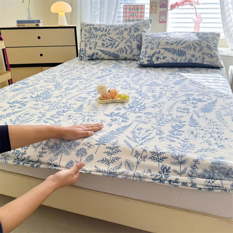 1pc Floral Fitted Bed Sheet Flower Printed Washed Cotton Bed Sheet with Elastic Single/Queen/King Size Bed Fitted Sheets