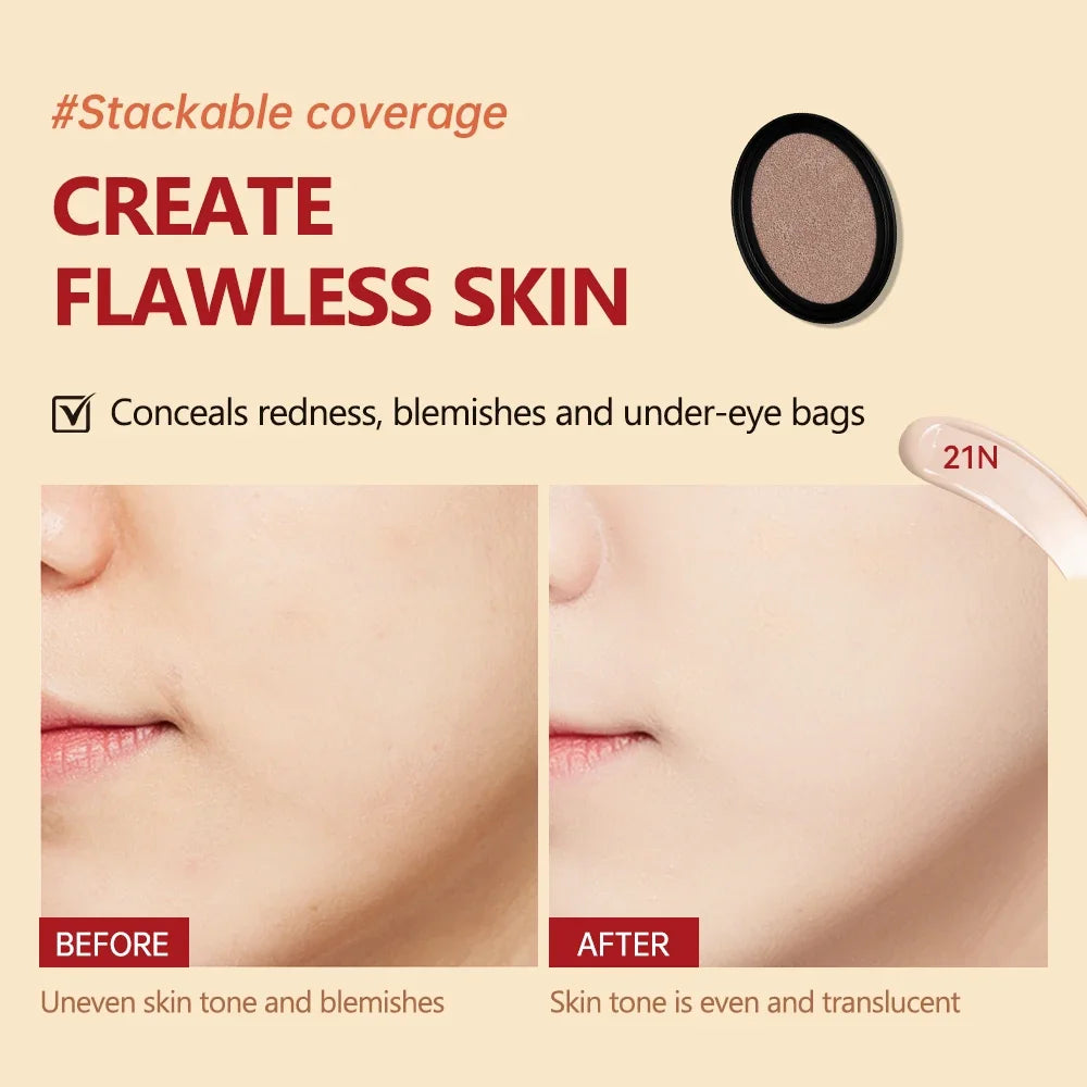 Cushion Foundation Refill Waterproof Semi-Matte Red Finish 72-Hour Wear Long-Lasting Buildable Coverage Sun Protection Makeup