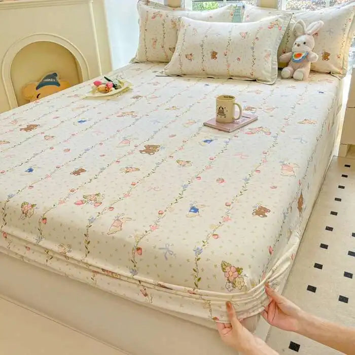 100% Cotton Floral Fitted Sheet Set - Includes Pillowcase, Single/Queen/King Size Mattress Covers(Breathable)