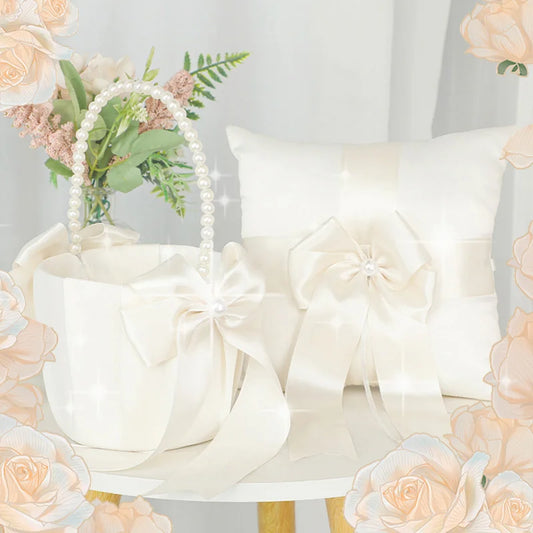 New Wedding Ivory Flower Baskets Ribbon Pearls Bow Knot Ring Pillow Cushion Bearer Bridal Party Supplies Gifts Home Decorations