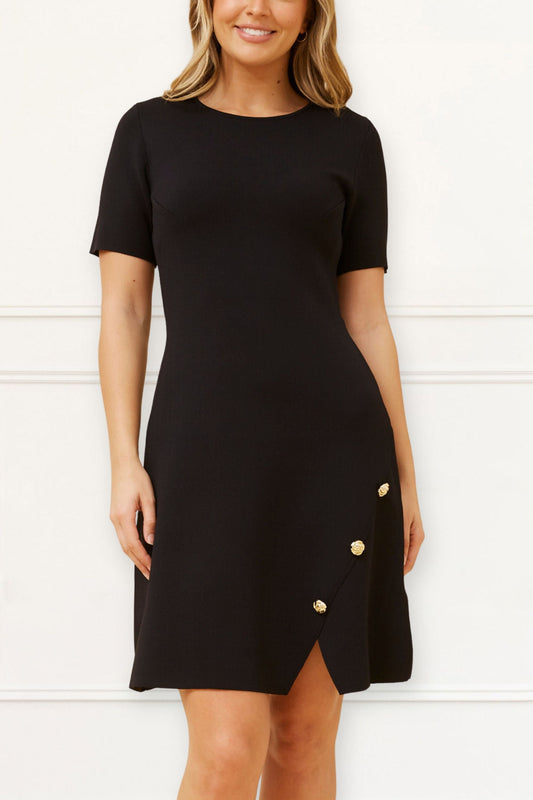 Cleo Black A-Line Dress Short Sleeves Gold Button Front Detail-0