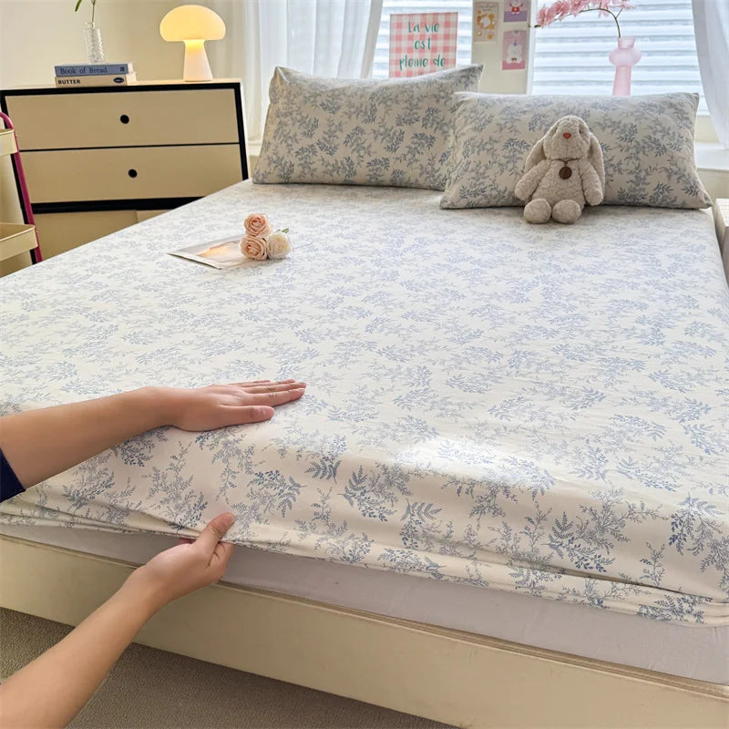 1pc Floral Fitted Bed Sheet Flower Printed Washed Cotton Bed Sheet with Elastic Single/Queen/King Size Bed Fitted Sheets