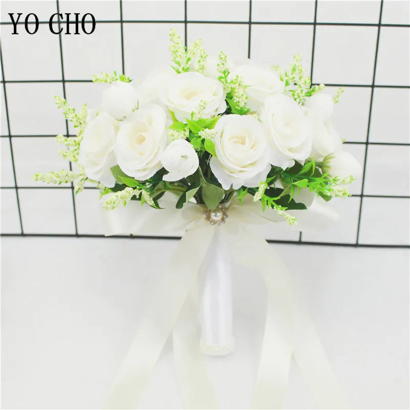 Bridal Bridesmaid Wedding Bouquet White Pink Champagne Artificial Rose Bride Holding Flowers Mariage Decor Wedding Accessories