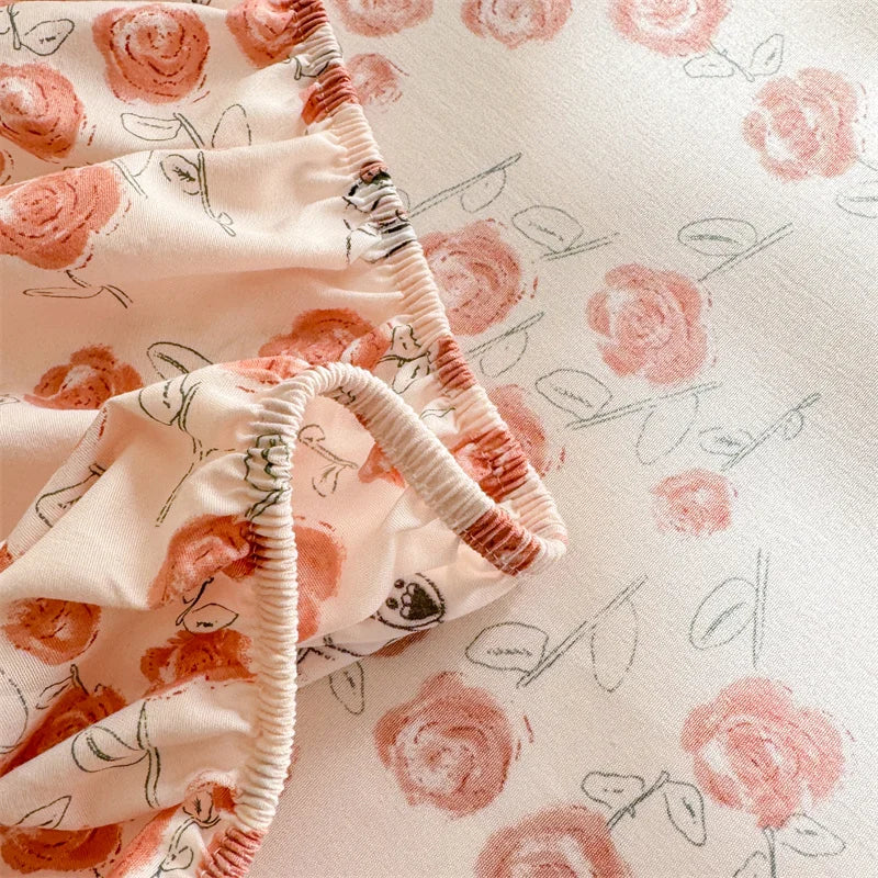 1pc Floral Fitted Bed Sheet Flower Printed Washed Cotton Bed Sheet with Elastic Single/Queen/King Size Bed Fitted Sheets