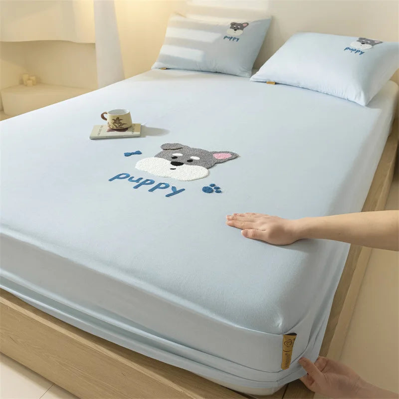 100% Cotton Cartoon Towel Embroidered Fitted Sheet A-Class Single Bed Cover for All Seasons Anti-Slip Mattress Protective Cover