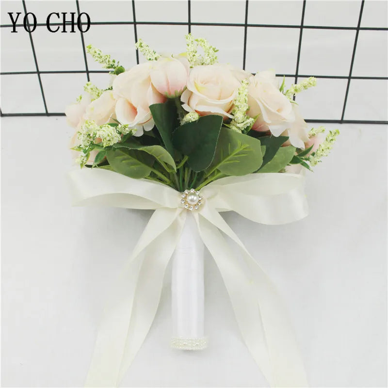 Bridal Bridesmaid Wedding Bouquet White Pink Champagne Artificial Rose Bride Holding Flowers Mariage Decor Wedding Accessories