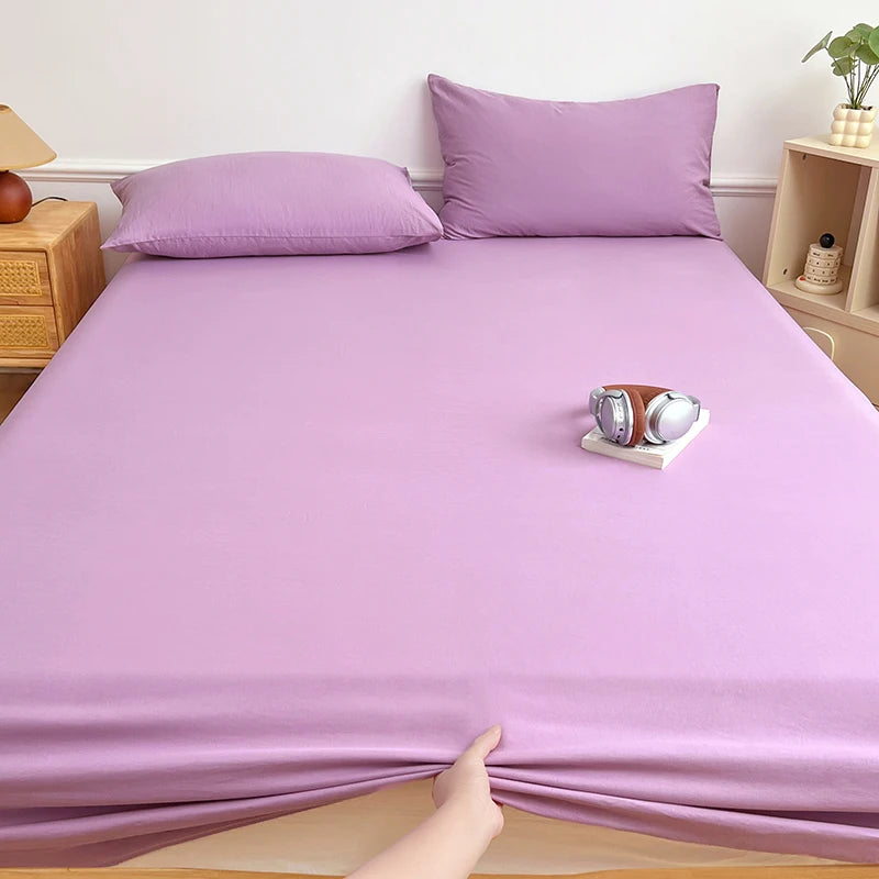 Washed Cotton Solid Color Fitted Sheet with Elastic Bands Non Slip Adjustable Mattress Cover Printed for Double King Queen