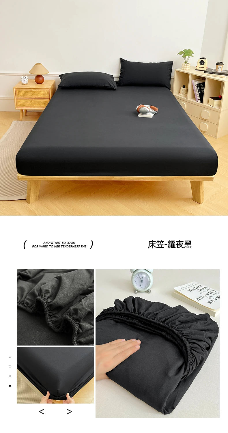 Washed Cotton Solid Color Fitted Sheet with Elastic Bands Non Slip Adjustable Mattress Cover Printed for Double King Queen
