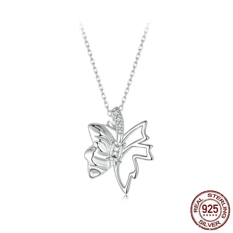 Autumn Elegance: White Gold Plated Sterling Silver Leaf Butterfly Necklace