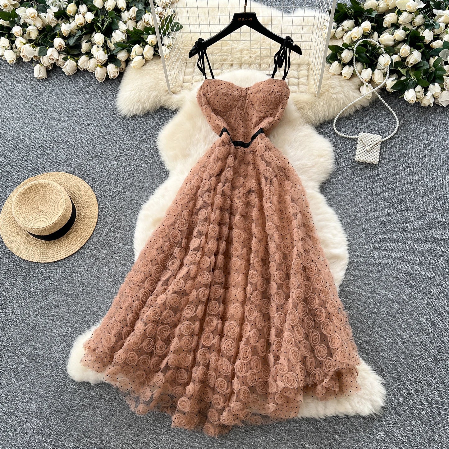 SINGREINY 3D Roses Mesh Straps Dress Polka Dots Backless Zipper Irregular Sundress Women French Senior Chic Evening Long Dress