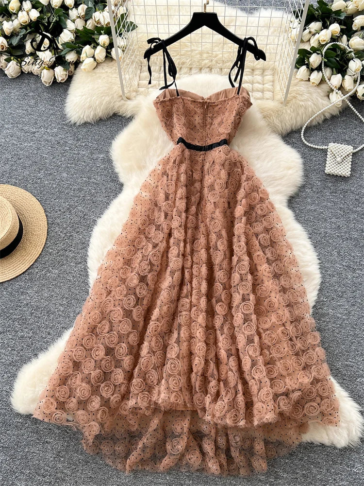 SINGREINY 3D Roses Mesh Straps Dress Polka Dots Backless Zipper Irregular Sundress Women French Senior Chic Evening Long Dress