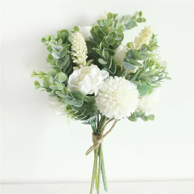 Meldel Wedding Flower Bouquet Artificial Silk Rose Lucky Ball Flower Home Wedding Decor Bride Bouquet Forest Style Eucalyptus
