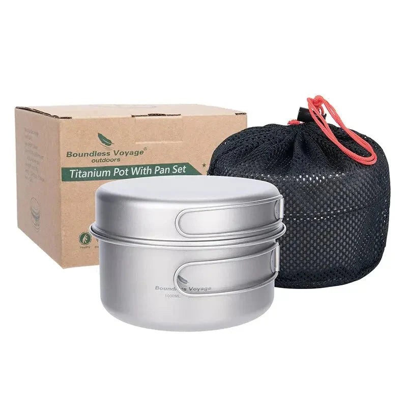 Titanium Camping Cookware Set Pan with Folding Handles Silver-1