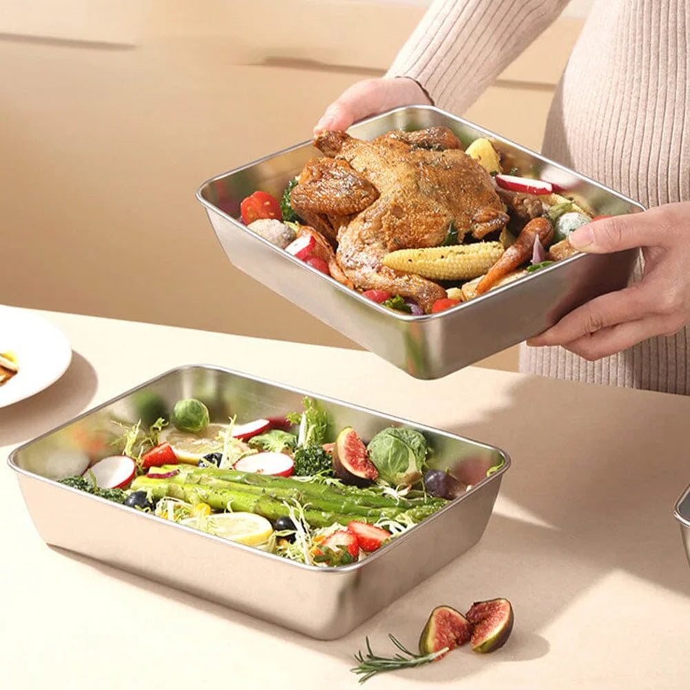 Stainless Steel Square Plate Thickened Lunch Bento Box Tray With Lid