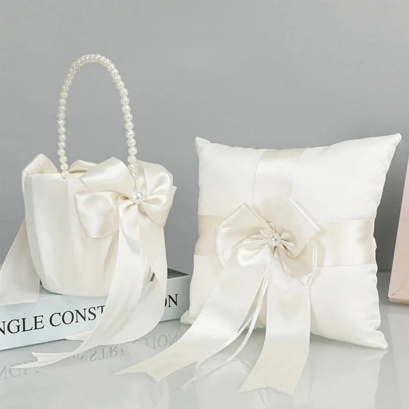 New Wedding Ivory Flower Baskets Ribbon Pearls Bow Knot Ring Pillow Cushion Bearer Bridal Party Supplies Gifts Home Decorations