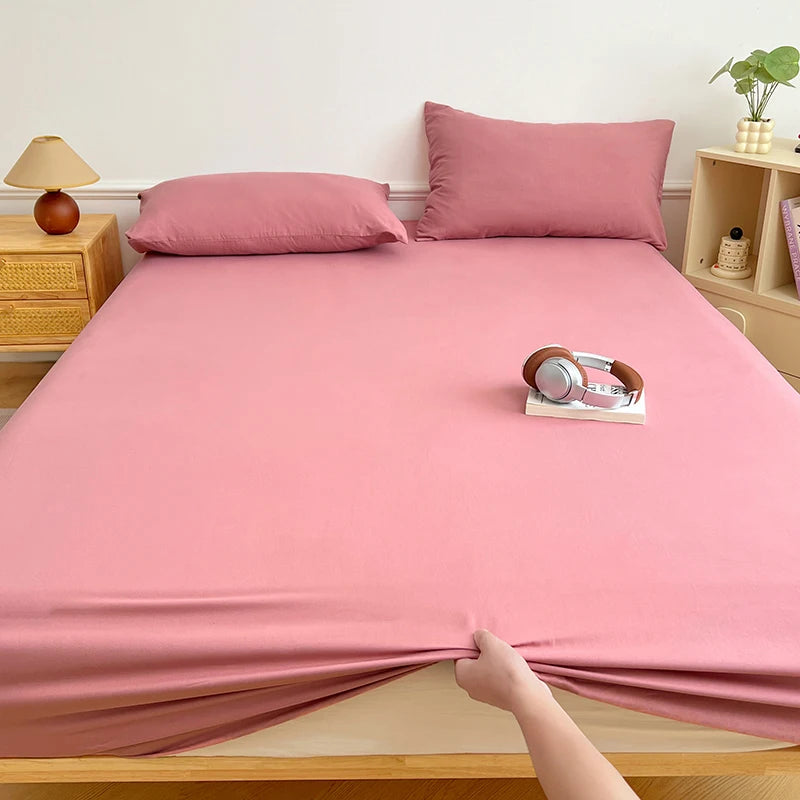 Washed Cotton Solid Color Fitted Sheet with Elastic Bands Non Slip Adjustable Mattress Cover Printed for Double King Queen