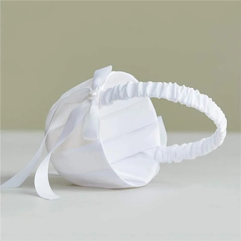 20cm White Girls Flower Basket Silk Wedding Basket for Flower Bride Girls Kids Hand Held Wedding Ceremony Party Decorations