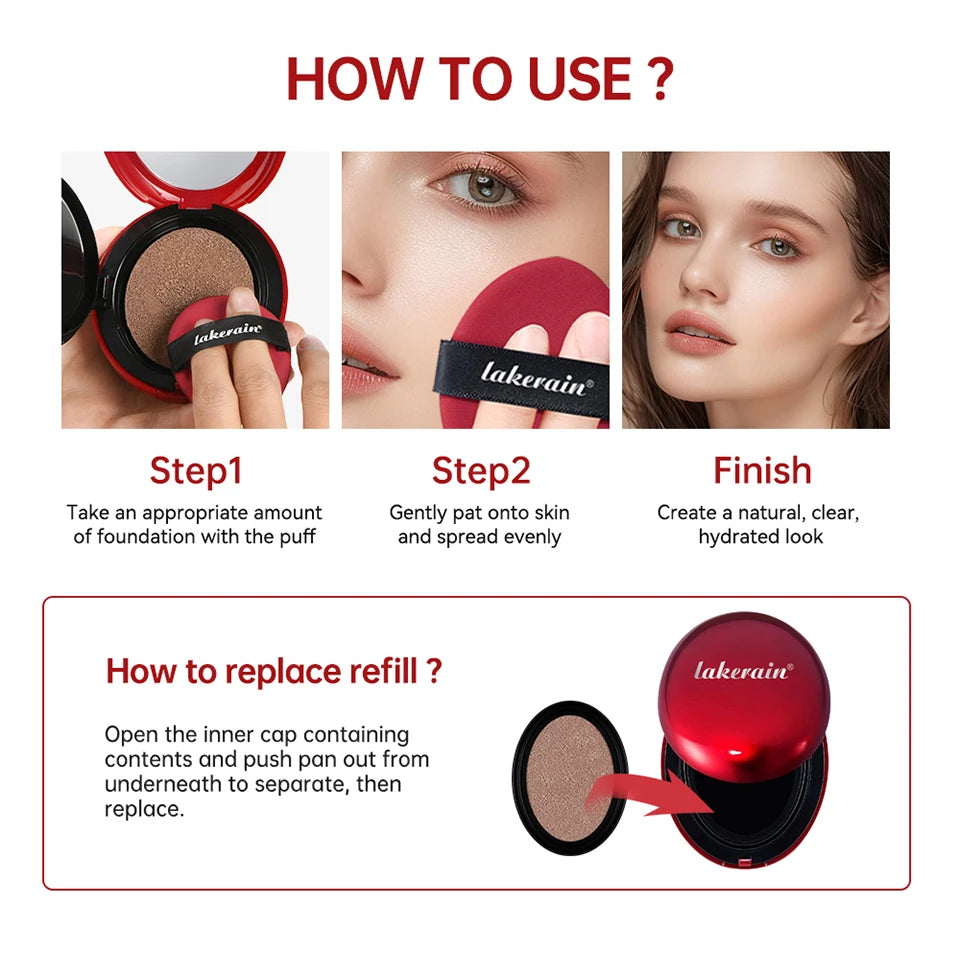 Cushion Foundation Refill Waterproof Semi-Matte Red Finish 72-Hour Wear Long-Lasting Buildable Coverage Sun Protection Makeup