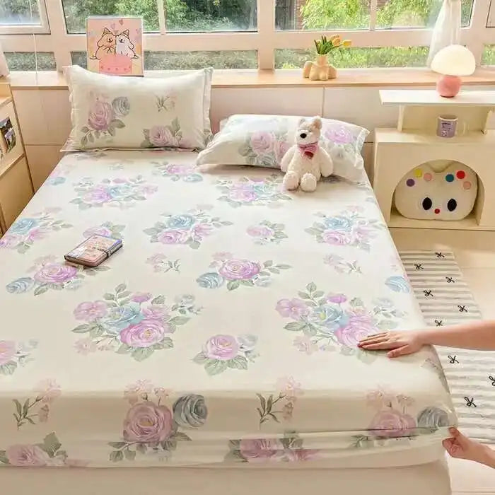 100% Cotton Floral Fitted Sheet Set - Includes Pillowcase, Single/Queen/King Size Mattress Covers(Breathable)