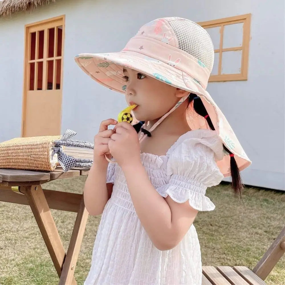 Anti UV Kids Summer Baby Sun Hat Bucket Cap With Whistle For Girls Boys Outdoor Neck Ear Cover Beach Cap