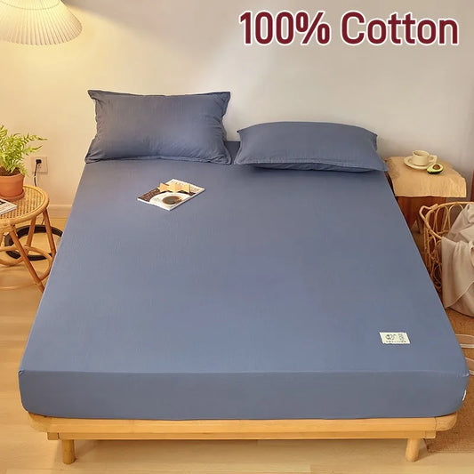 Cotton Fitted Sheet with Elastic Band Anti-Slip Mattress Cover for Single Double Queen King Bed Adjustable Plain Fitted Bedsheet