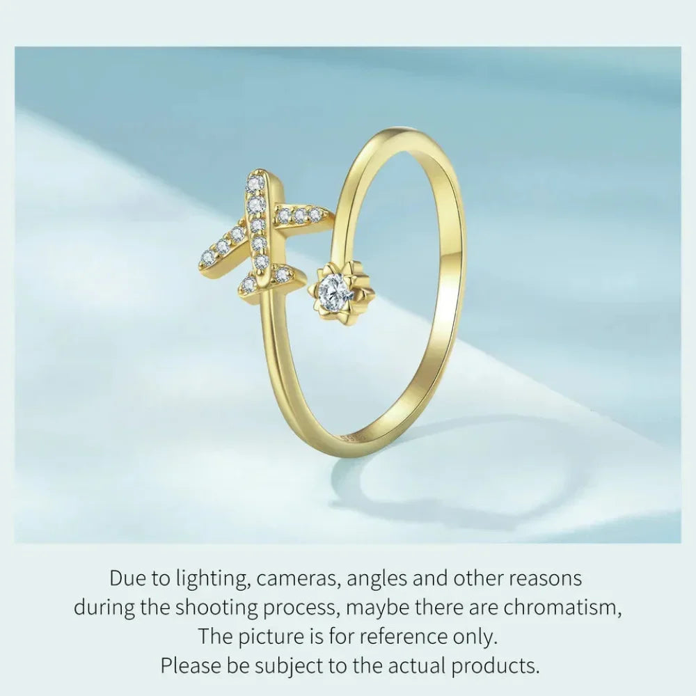 Genuine 925 Sterling Silver Flying Plane Open Adjustable Ring With Clear Cz - Fine Jewelry
