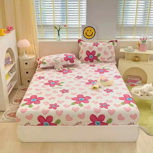 100% Cotton Floral Fitted Sheet Set - Includes Pillowcase, Single/Queen/King Size Mattress Covers(Breathable)