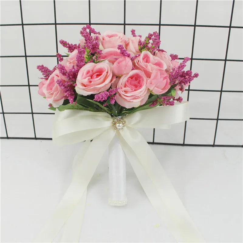 Bridal Bridesmaid Wedding Bouquet White Pink Champagne Artificial Rose Bride Holding Flowers Mariage Decor Wedding Accessories