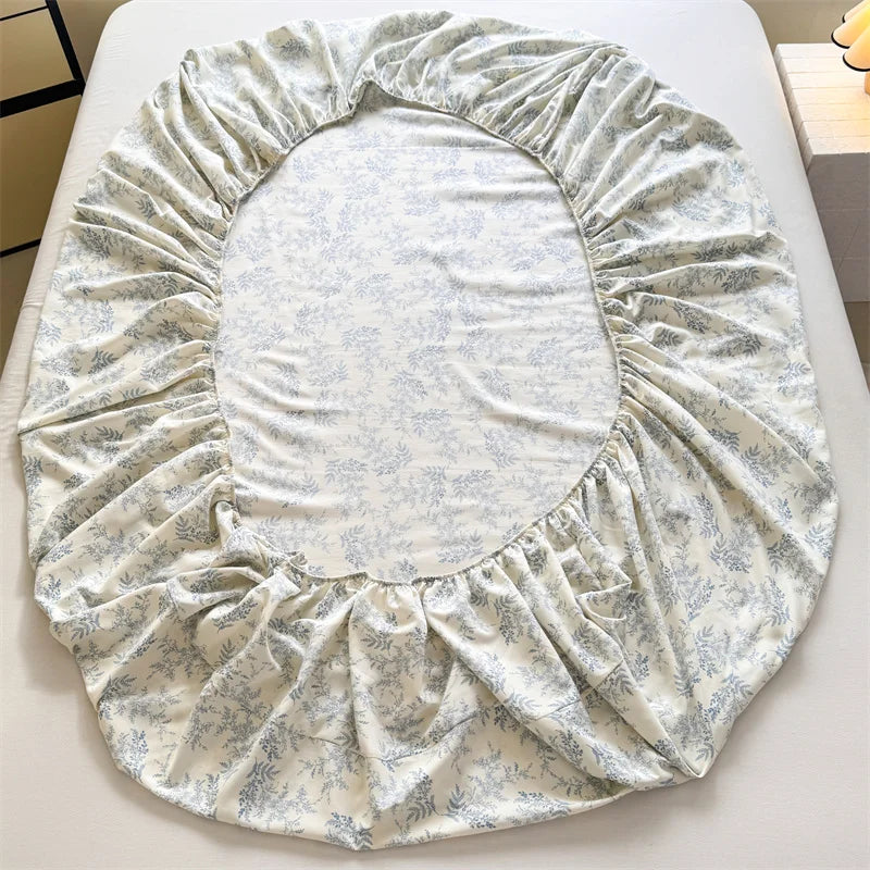 1pc Floral Fitted Bed Sheet Flower Printed Washed Cotton Bed Sheet with Elastic Single/Queen/King Size Bed Fitted Sheets