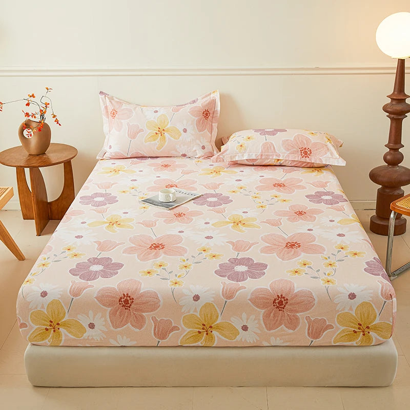 100% Cotton Bedsheet Floral Style Bed Cover High Quality Fitted Sheets Skin-friendly Bed Linen (Pillowcase Need Order)