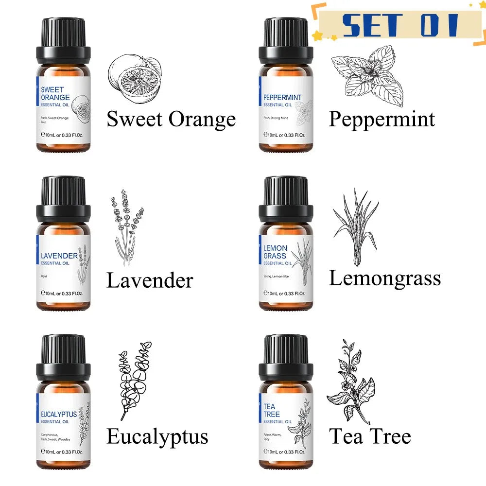 HIQILI Essential Oils Set, Pure Nature Plant Oil for Diffuser Humidifier Hair Skin Care Massage Candle Making-6PCS*10mL