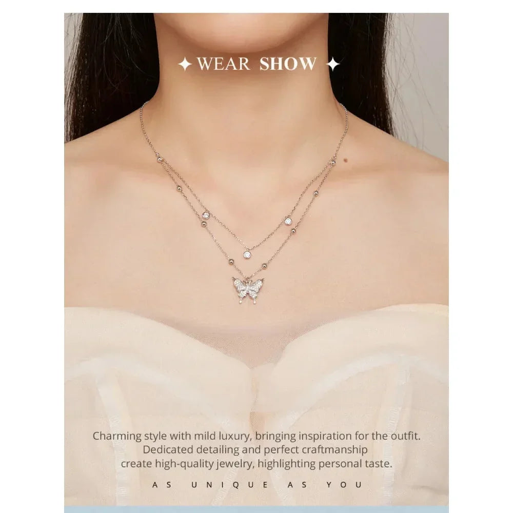 925 Sterling Silver Double-layer Tassel Butterfly Pendant Necklace for Women - Elegant Fine jewelry