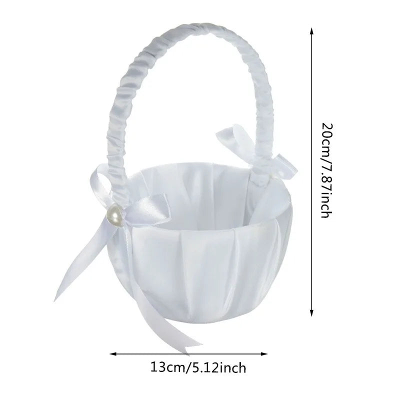20cm White Girls Flower Basket Silk Wedding Basket for Flower Bride Girls Kids Hand Held Wedding Ceremony Party Decorations