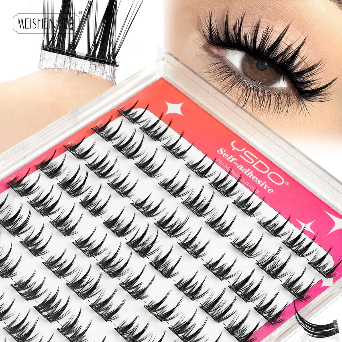 MEISHENJIE Self Adhesive Eyelashes 100 PCS DIY Cluster Lashes No Glue Needed Individual Lashes Extension Makeup Tools Faux Cils