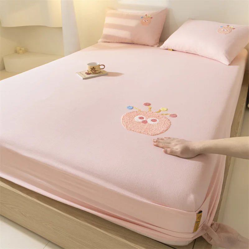 100% Cotton Cartoon Towel Embroidered Fitted Sheet A-Class Single Bed Cover for All Seasons Anti-Slip Mattress Protective Cover