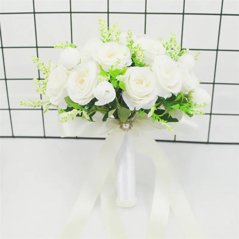 Bridal Bridesmaid Wedding Bouquet White Silk Flowers Roses Handmade  Artificial Bride Mariage Bouquet Wedding Accessories