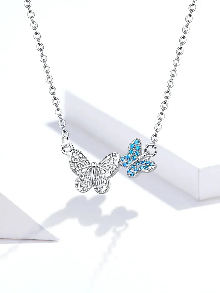 Soar with Style: Blue Zircon Korean Style Sterling Silver Butterfly Necklace