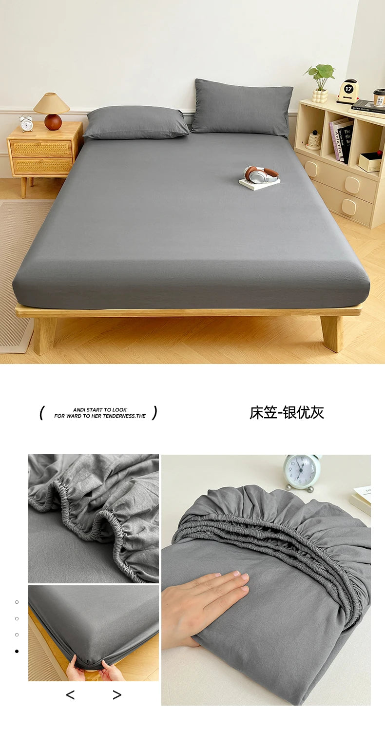 Washed Cotton Solid Color Fitted Sheet with Elastic Bands Non Slip Adjustable Mattress Cover Printed for Double King Queen