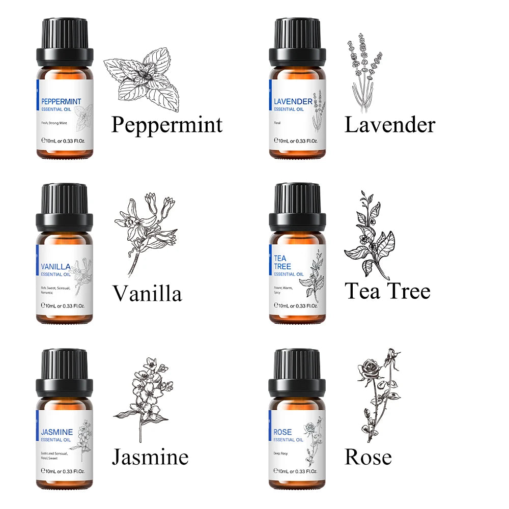 HIQILI Essential Oils Set, Pure Nature Plant Oil for Diffuser Humidifier Hair Skin Care Massage Candle Making-6PCS*10mL
